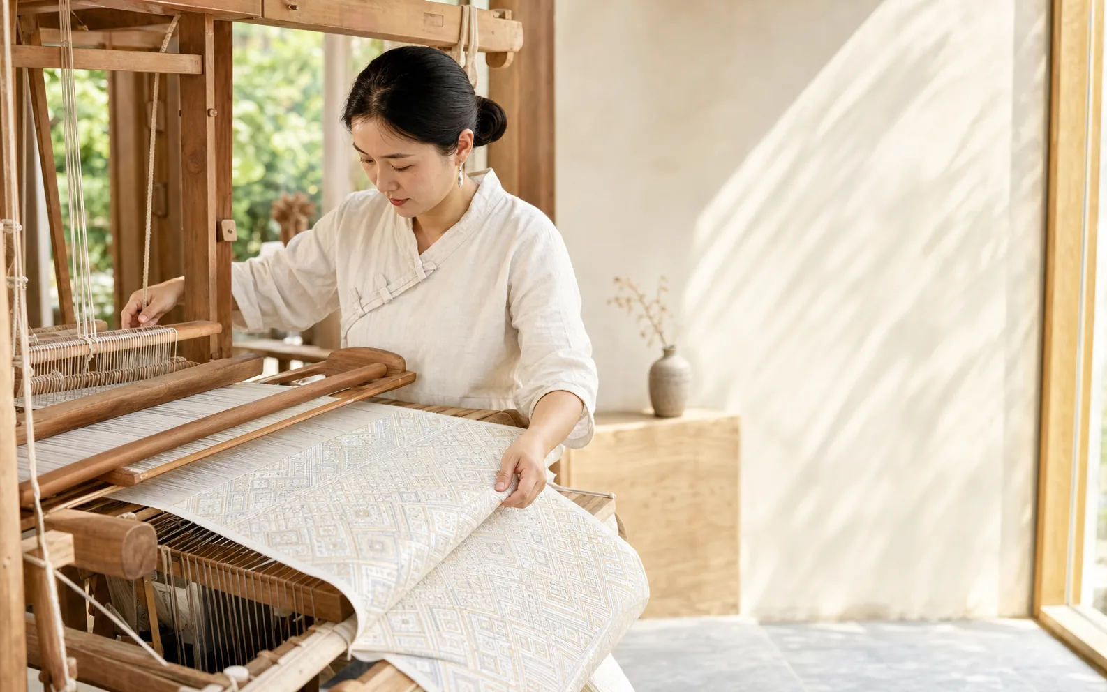 Zhuang brocade artisan working at a traditional loom